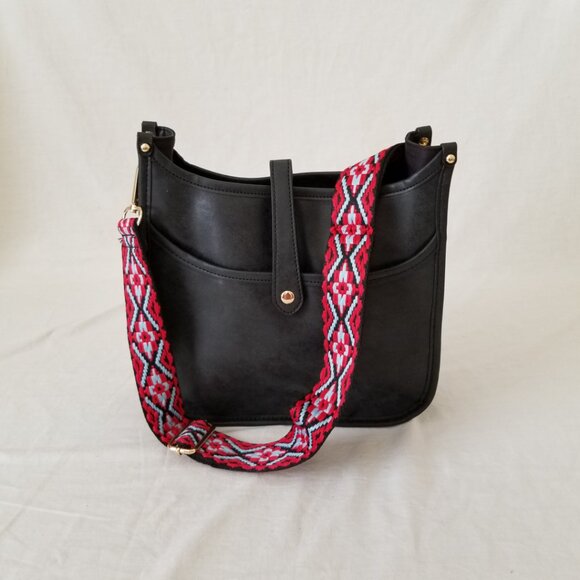 Handbags - NWOT! Black Faux Leather Purse Shoulder Crossbody Bag with Embroidered Strap